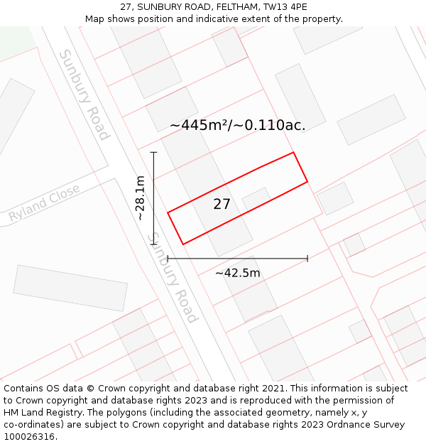 27, SUNBURY ROAD, FELTHAM, TW13 4PE: Plot and title map