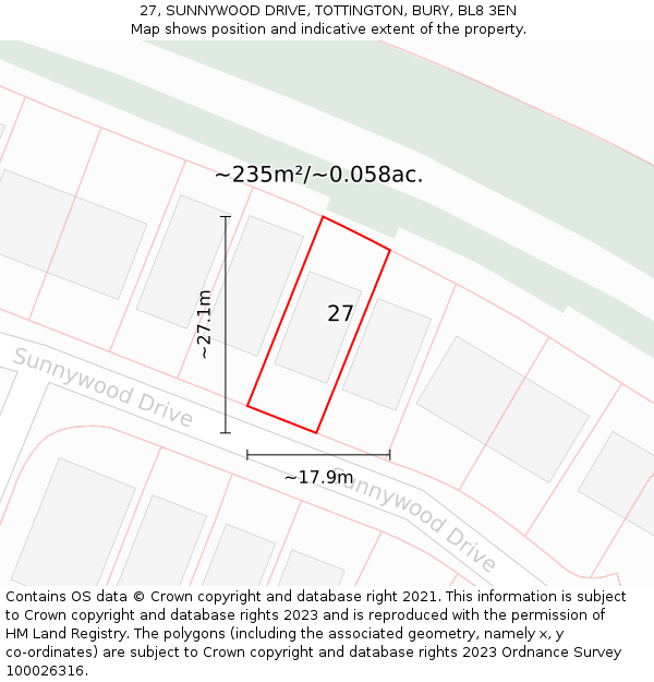 27, SUNNYWOOD DRIVE, TOTTINGTON, BURY, BL8 3EN: Plot and title map