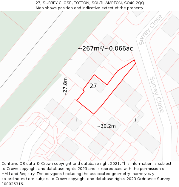 27, SURREY CLOSE, TOTTON, SOUTHAMPTON, SO40 2QQ: Plot and title map