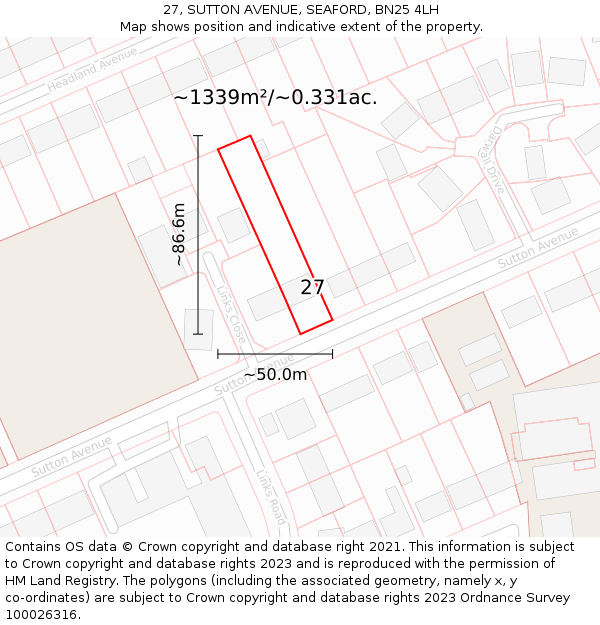 27, SUTTON AVENUE, SEAFORD, BN25 4LH: Plot and title map