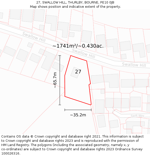 27, SWALLOW HILL, THURLBY, BOURNE, PE10 0JB: Plot and title map