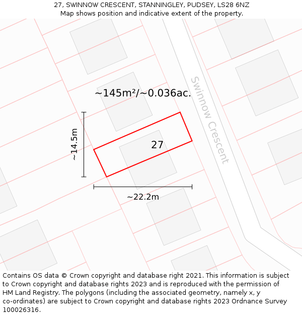 27, SWINNOW CRESCENT, STANNINGLEY, PUDSEY, LS28 6NZ: Plot and title map