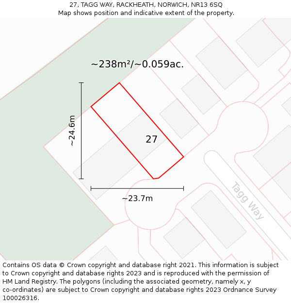 27, TAGG WAY, RACKHEATH, NORWICH, NR13 6SQ: Plot and title map