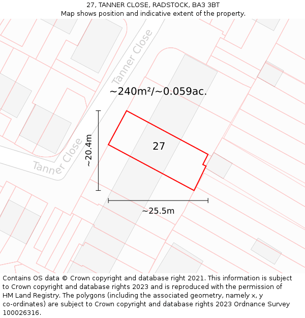 27, TANNER CLOSE, RADSTOCK, BA3 3BT: Plot and title map