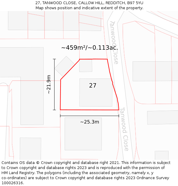 27, TANWOOD CLOSE, CALLOW HILL, REDDITCH, B97 5YU: Plot and title map