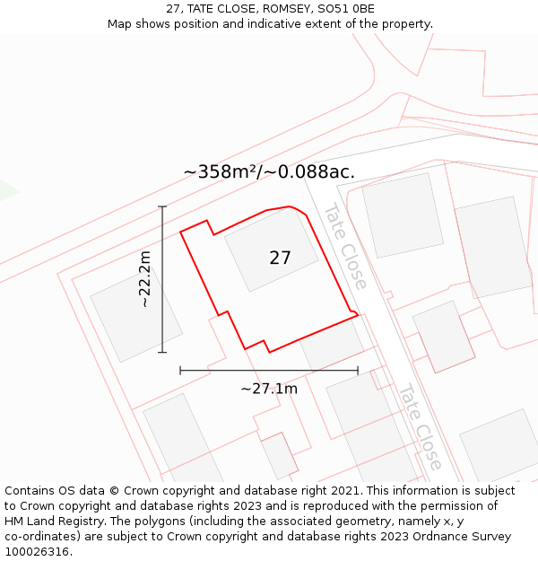27, TATE CLOSE, ROMSEY, SO51 0BE: Plot and title map
