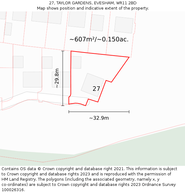 27, TAYLOR GARDENS, EVESHAM, WR11 2BD: Plot and title map