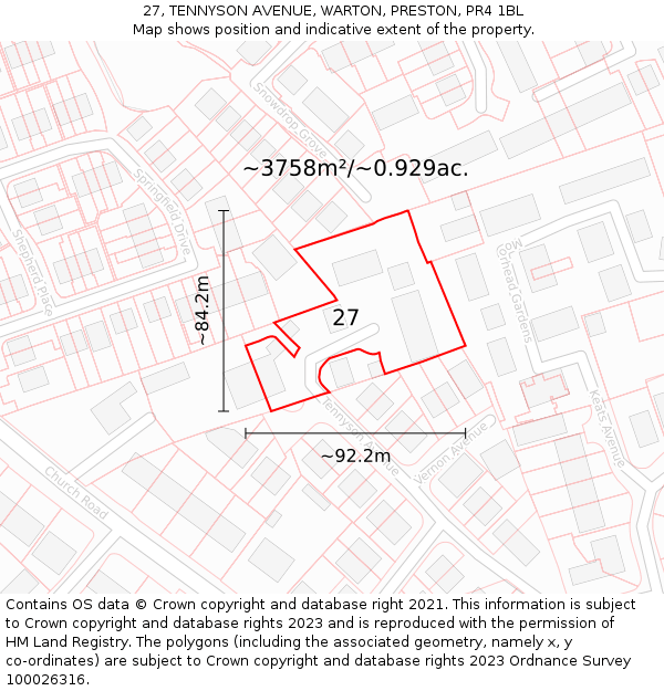 27, TENNYSON AVENUE, WARTON, PRESTON, PR4 1BL: Plot and title map