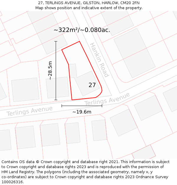 27, TERLINGS AVENUE, GILSTON, HARLOW, CM20 2FN: Plot and title map