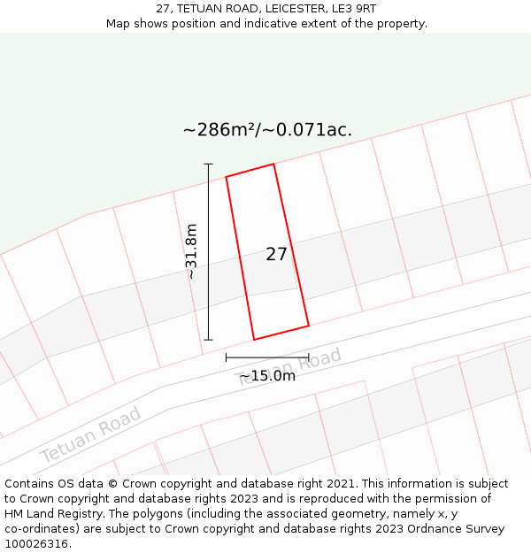 27, TETUAN ROAD, LEICESTER, LE3 9RT: Plot and title map