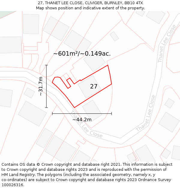 27, THANET LEE CLOSE, CLIVIGER, BURNLEY, BB10 4TX: Plot and title map