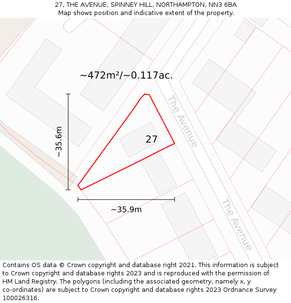 27, THE AVENUE, SPINNEY HILL, NORTHAMPTON, NN3 6BA: Plot and title map