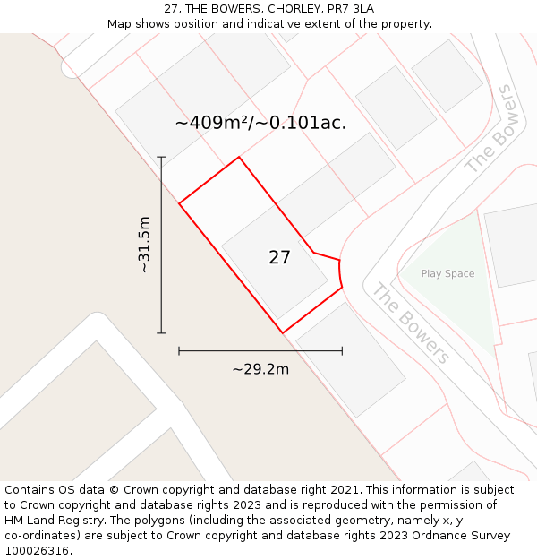 27, THE BOWERS, CHORLEY, PR7 3LA: Plot and title map