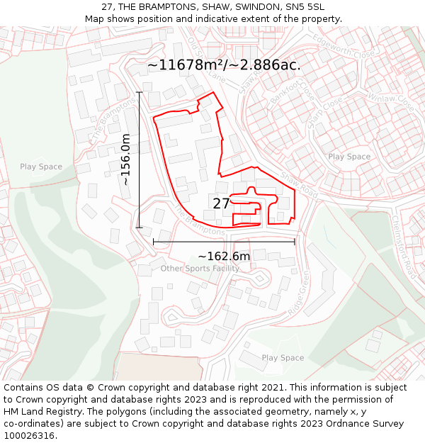 27, THE BRAMPTONS, SHAW, SWINDON, SN5 5SL: Plot and title map