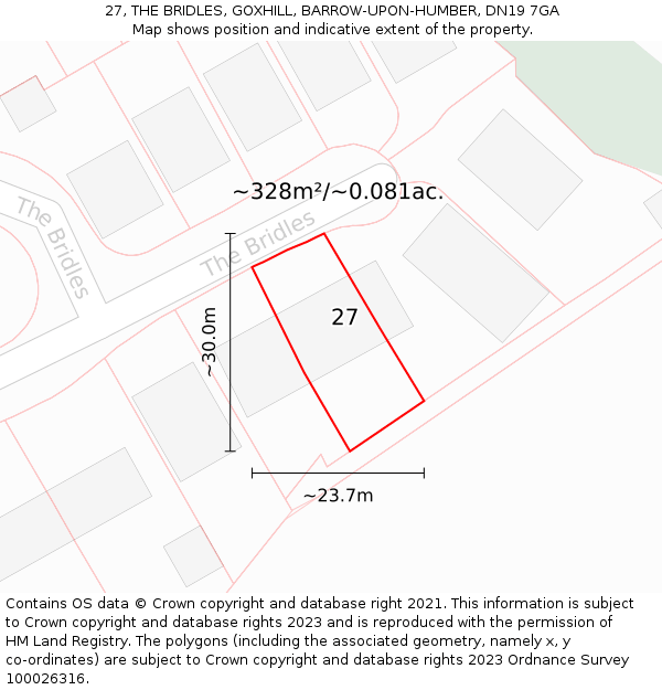 27, THE BRIDLES, GOXHILL, BARROW-UPON-HUMBER, DN19 7GA: Plot and title map