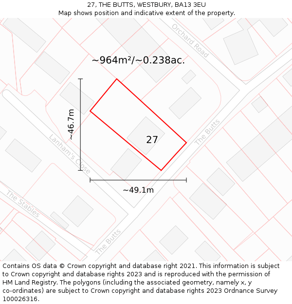 27, THE BUTTS, WESTBURY, BA13 3EU: Plot and title map