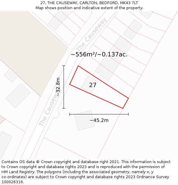 27, THE CAUSEWAY, CARLTON, BEDFORD, MK43 7LT: Plot and title map