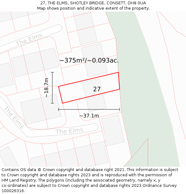 27, THE ELMS, SHOTLEY BRIDGE, CONSETT, DH8 0UA: Plot and title map