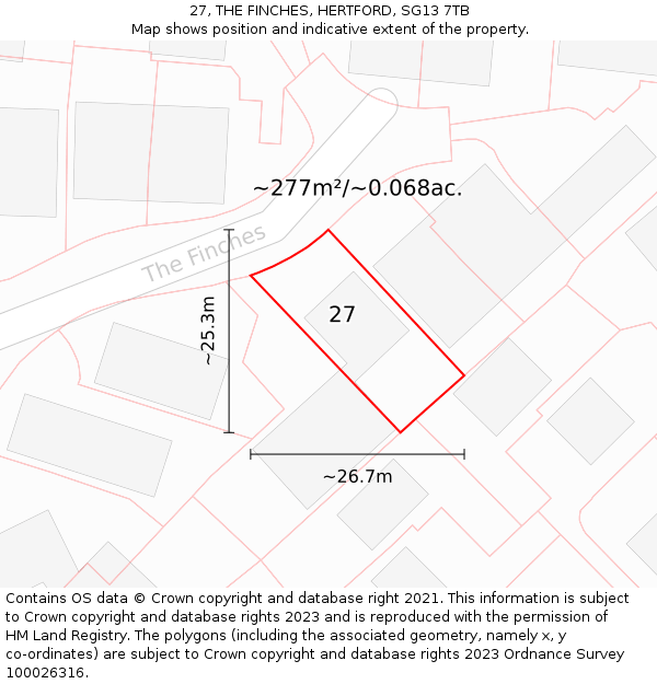 27, THE FINCHES, HERTFORD, SG13 7TB: Plot and title map