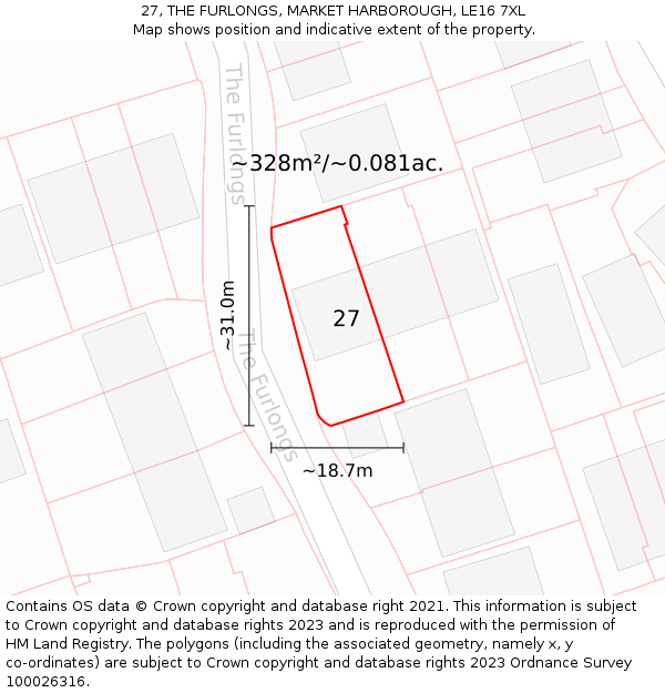27, THE FURLONGS, MARKET HARBOROUGH, LE16 7XL: Plot and title map