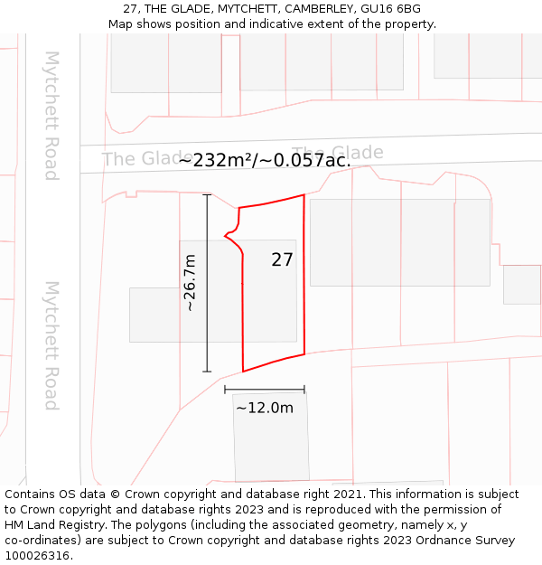 27, THE GLADE, MYTCHETT, CAMBERLEY, GU16 6BG: Plot and title map