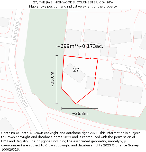27, THE JAYS, HIGHWOODS, COLCHESTER, CO4 9TW: Plot and title map