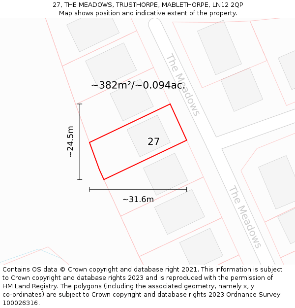 27, THE MEADOWS, TRUSTHORPE, MABLETHORPE, LN12 2QP: Plot and title map
