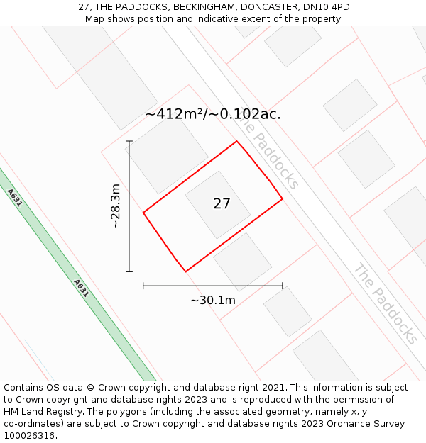 27, THE PADDOCKS, BECKINGHAM, DONCASTER, DN10 4PD: Plot and title map