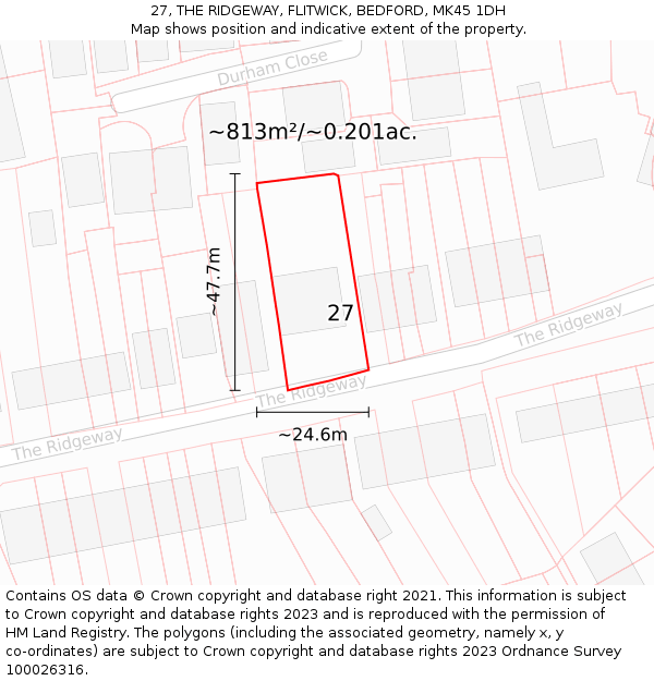 27, THE RIDGEWAY, FLITWICK, BEDFORD, MK45 1DH: Plot and title map