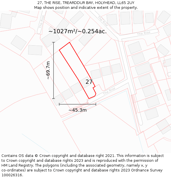 27, THE RISE, TREARDDUR BAY, HOLYHEAD, LL65 2UY: Plot and title map