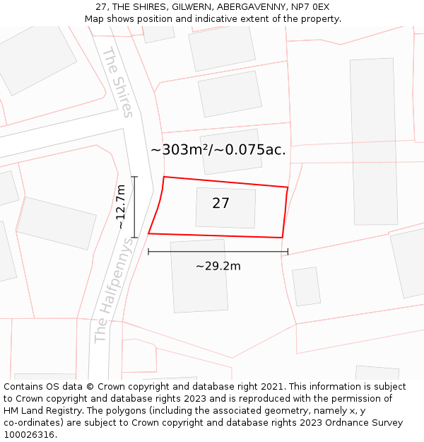 27, THE SHIRES, GILWERN, ABERGAVENNY, NP7 0EX: Plot and title map