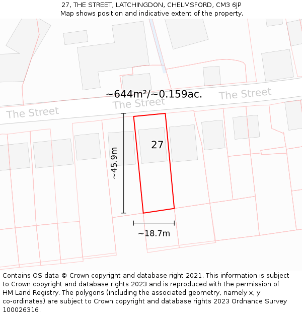 27, THE STREET, LATCHINGDON, CHELMSFORD, CM3 6JP: Plot and title map