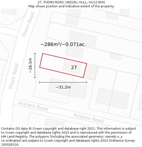 27, THORN ROAD, HEDON, HULL, HU12 8HN: Plot and title map