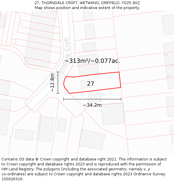 27, THORNDALE CROFT, WETWANG, DRIFFIELD, YO25 9XZ: Plot and title map