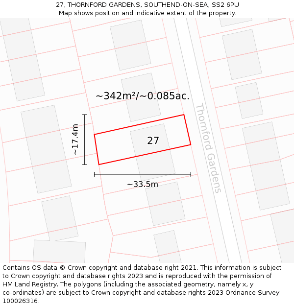 27, THORNFORD GARDENS, SOUTHEND-ON-SEA, SS2 6PU: Plot and title map