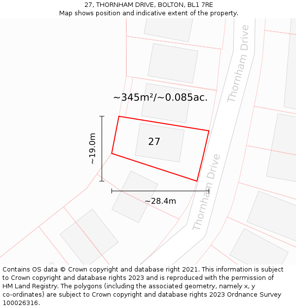 27, THORNHAM DRIVE, BOLTON, BL1 7RE: Plot and title map