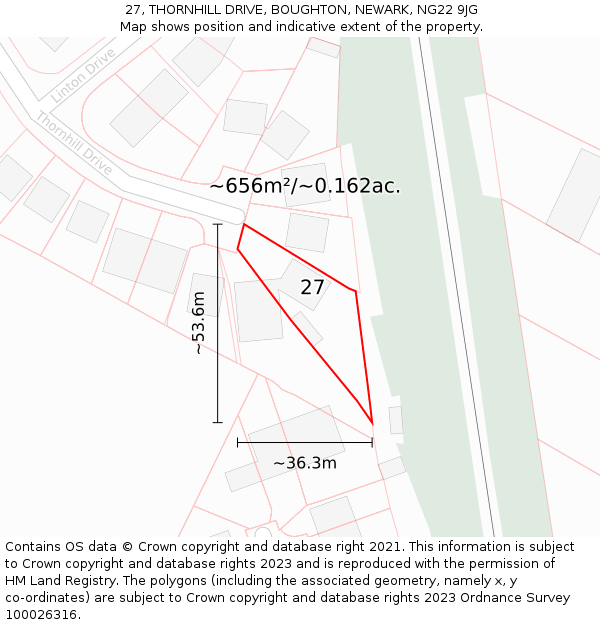 27, THORNHILL DRIVE, BOUGHTON, NEWARK, NG22 9JG: Plot and title map