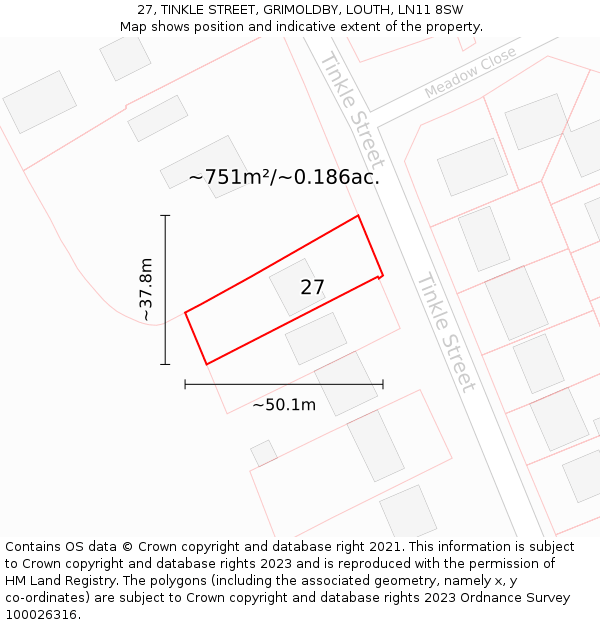 27, TINKLE STREET, GRIMOLDBY, LOUTH, LN11 8SW: Plot and title map