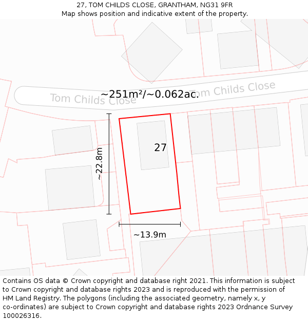 27, TOM CHILDS CLOSE, GRANTHAM, NG31 9FR: Plot and title map