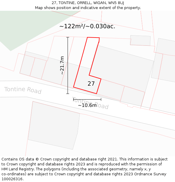 27, TONTINE, ORRELL, WIGAN, WN5 8UJ: Plot and title map