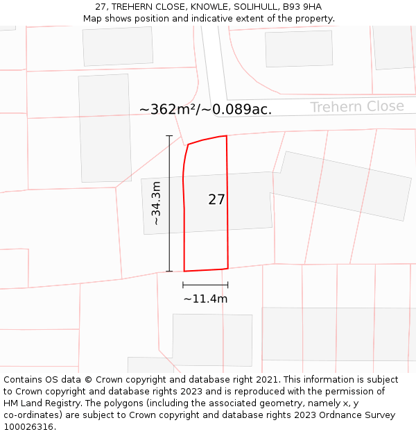 27, TREHERN CLOSE, KNOWLE, SOLIHULL, B93 9HA: Plot and title map