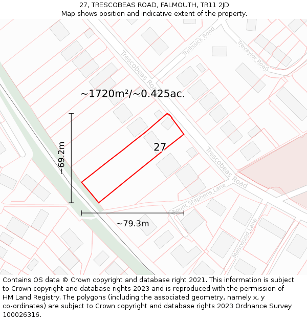 27, TRESCOBEAS ROAD, FALMOUTH, TR11 2JD: Plot and title map