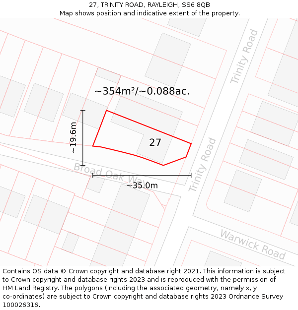 27, TRINITY ROAD, RAYLEIGH, SS6 8QB: Plot and title map