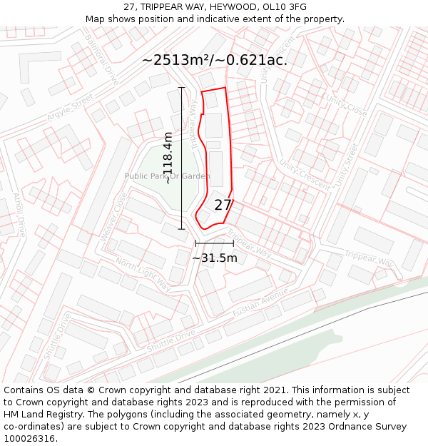 27, TRIPPEAR WAY, HEYWOOD, OL10 3FG: Plot and title map