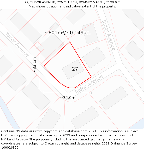 27, TUDOR AVENUE, DYMCHURCH, ROMNEY MARSH, TN29 0LT: Plot and title map