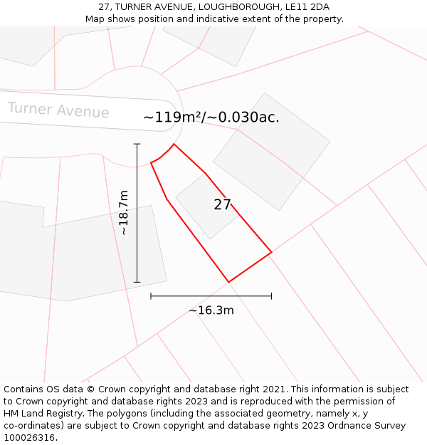 27, TURNER AVENUE, LOUGHBOROUGH, LE11 2DA: Plot and title map