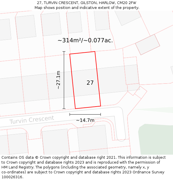 27, TURVIN CRESCENT, GILSTON, HARLOW, CM20 2FW: Plot and title map