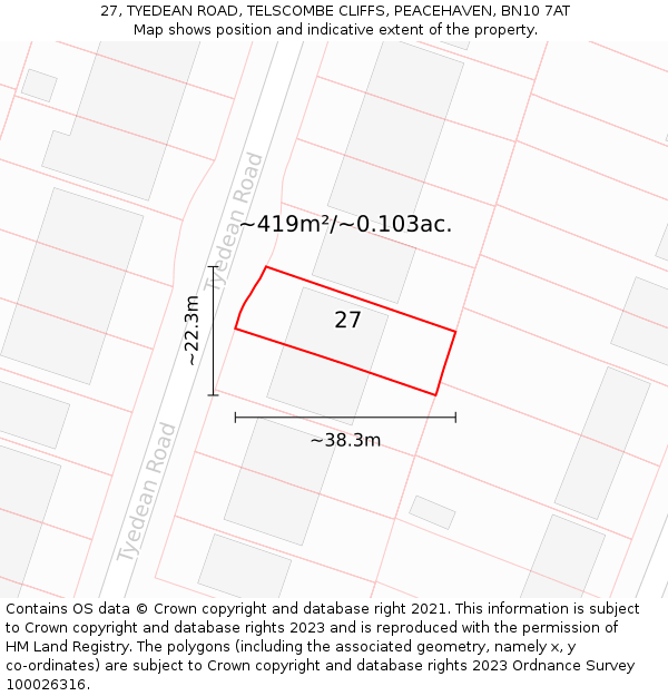 27, TYEDEAN ROAD, TELSCOMBE CLIFFS, PEACEHAVEN, BN10 7AT: Plot and title map