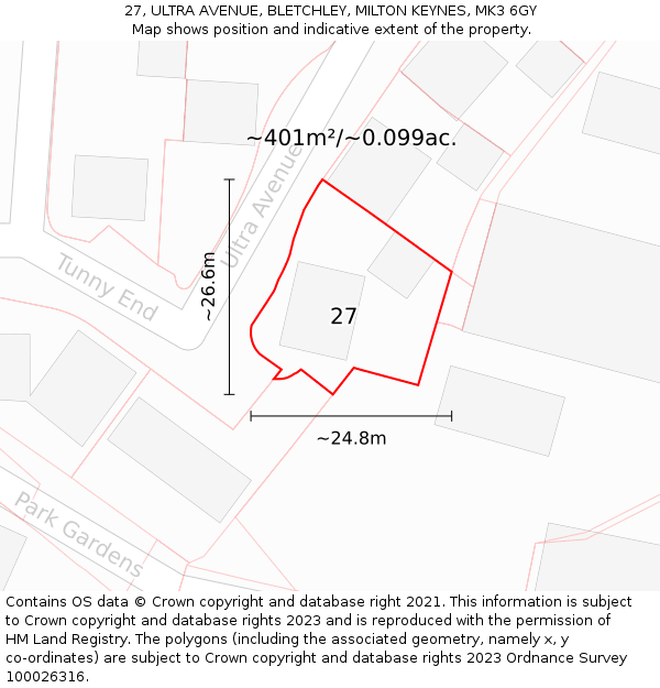 27, ULTRA AVENUE, BLETCHLEY, MILTON KEYNES, MK3 6GY: Plot and title map