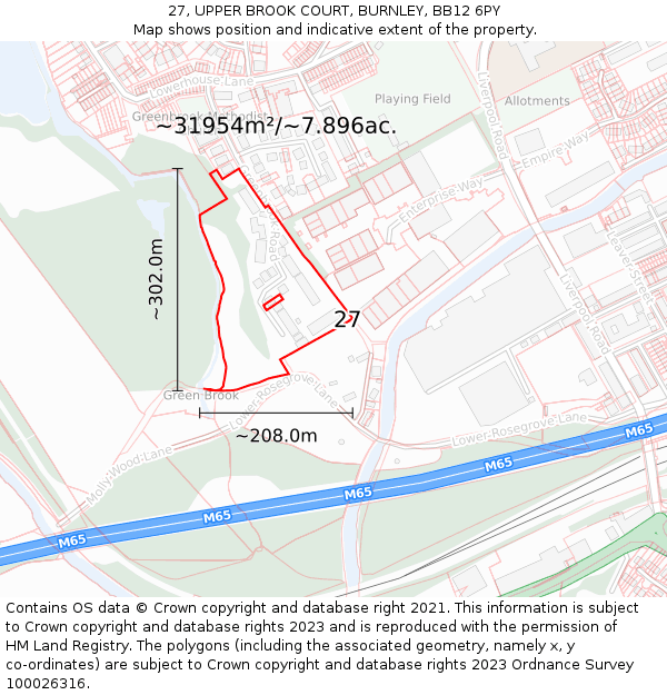 27, UPPER BROOK COURT, BURNLEY, BB12 6PY: Plot and title map